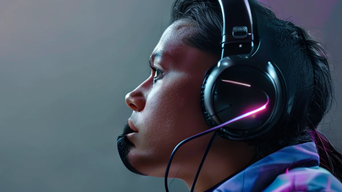 ゲームヘッドセットを装着した人物、コンピュータ画面を見ている。