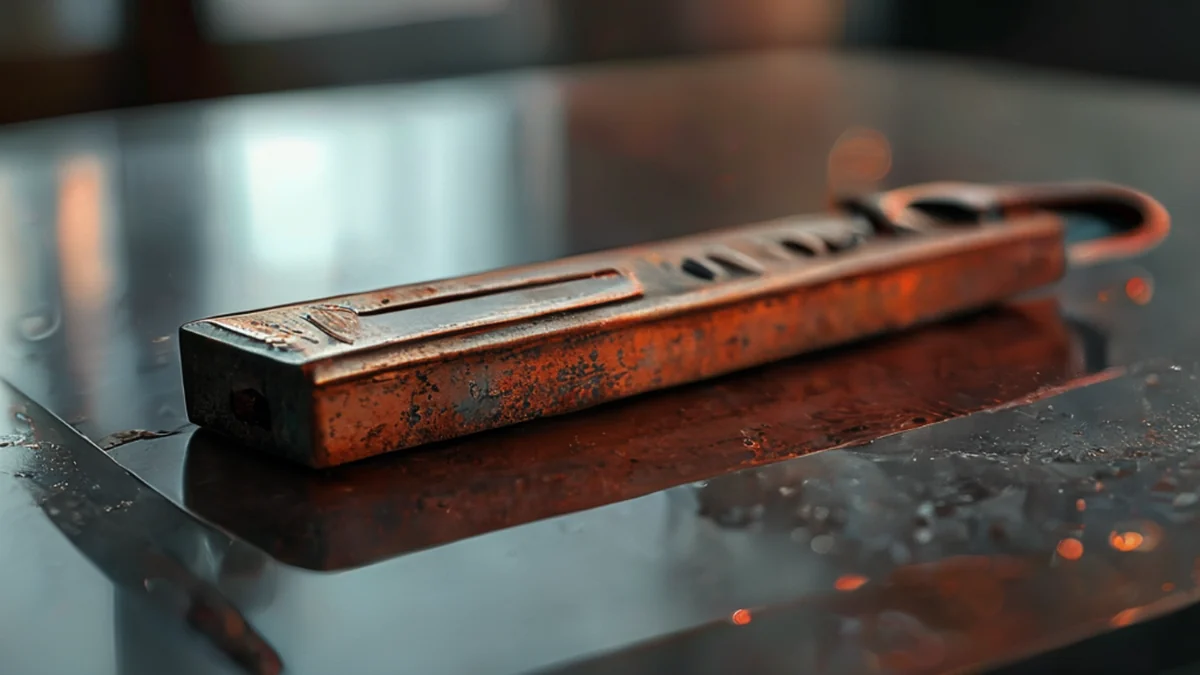ebenes Metallwerkzeug mit Batterie-Steckern, rostige Stahl-Oberfläche, rechteckig, auf Glas-Tisch, warmes Licht, flaches Tiefenbereich, photorealistisch, scharfe Schärfe, hohe Details