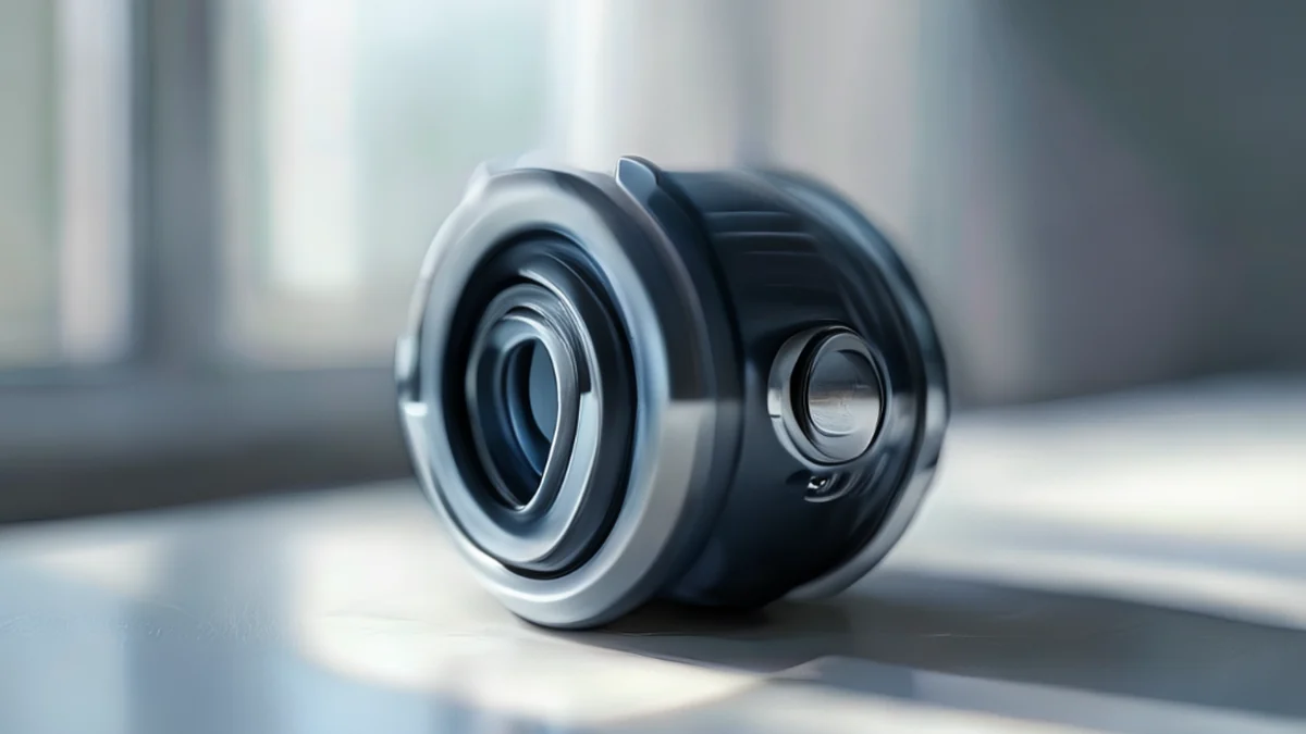 Metal gear valve cap, dark blue, cylindrical, threaded end, on white table, soft light, shallow focus, photorealistic