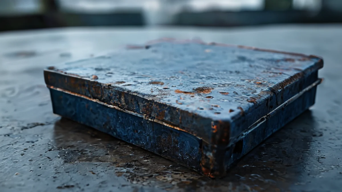 Een metalen deksel die een batteriecompartiment bedekt, rechthoekig met een schroefgat.