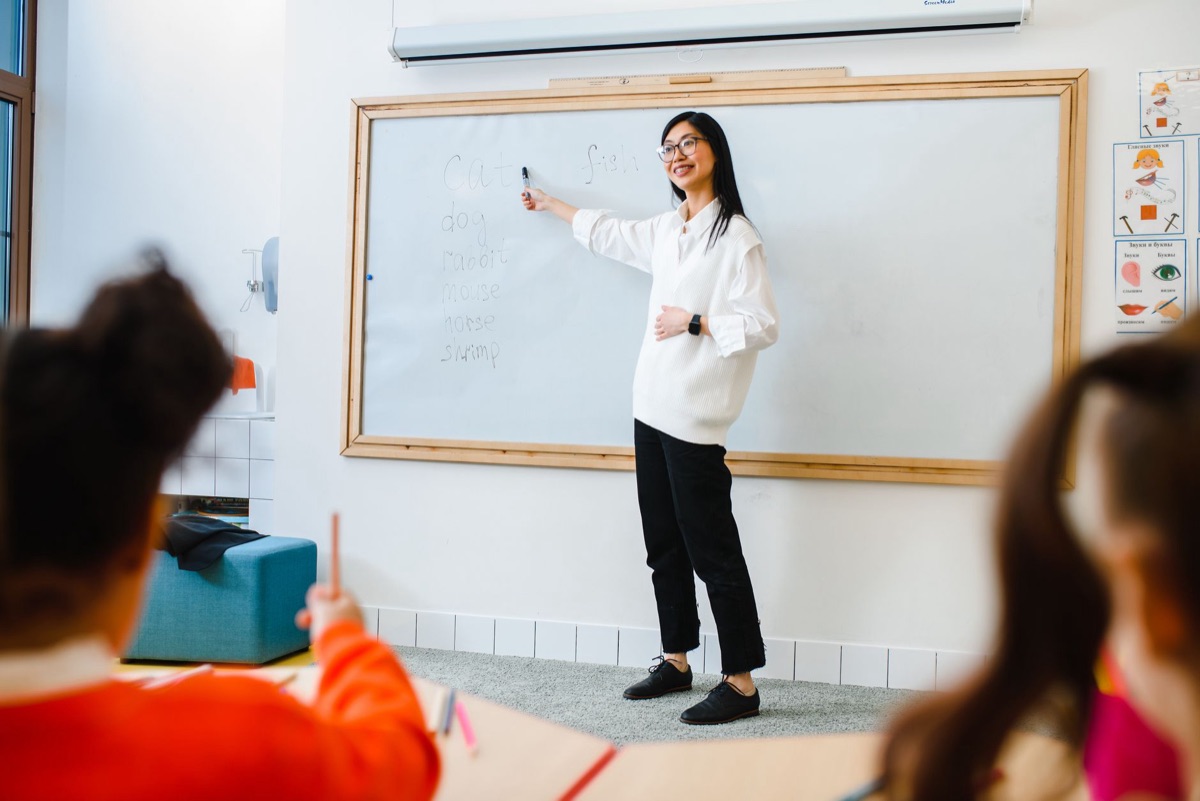 Deutsche Klasse mit Whiteboard und Lehrer
