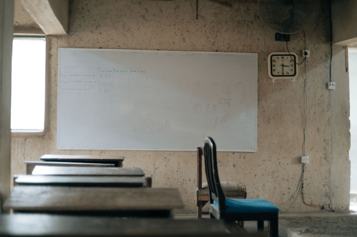German classroom with whiteboard and desks