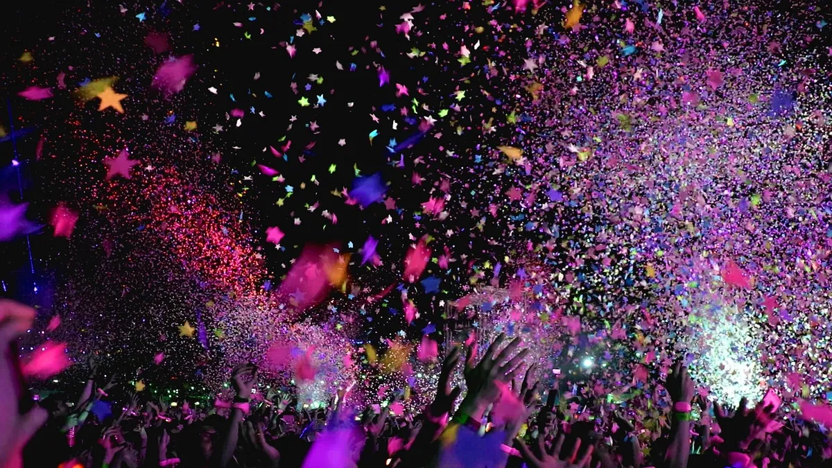 concert, confetti, party, event, club, fun, entertainment, show, crowd, festival, happy, people, young, night, disco, celebration, nightlife, partying, audience