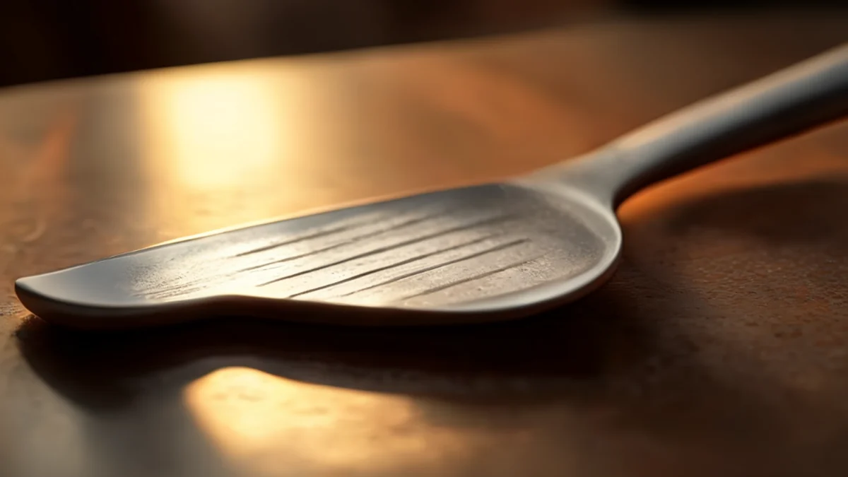 Une spatule en acier avec une lame plane et large pour la cuisine et le baking.