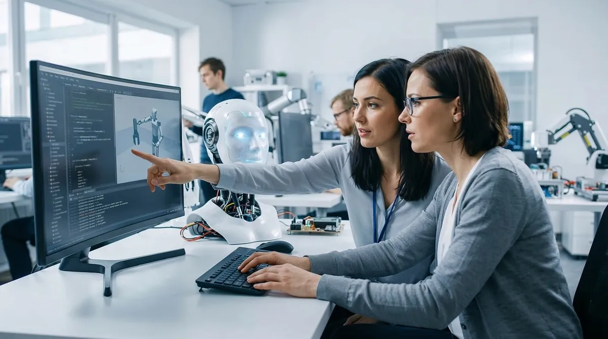 AI、ロボット、技術、プログラミング、実験室、開発、女性、エンジニアリング、協力、未来、革新、ソフトウェア、研究、科学、テクノロジー、ワークプレース、マック