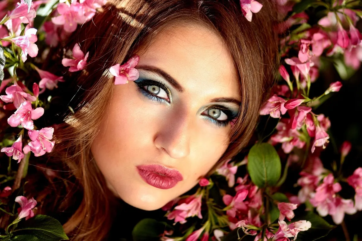 woman, beauty, flower wallpaper, flowers, face, makeup, beautiful flowers, flower background, glamour, spring, beautiful, pretty, attractive, girl, female, pose
